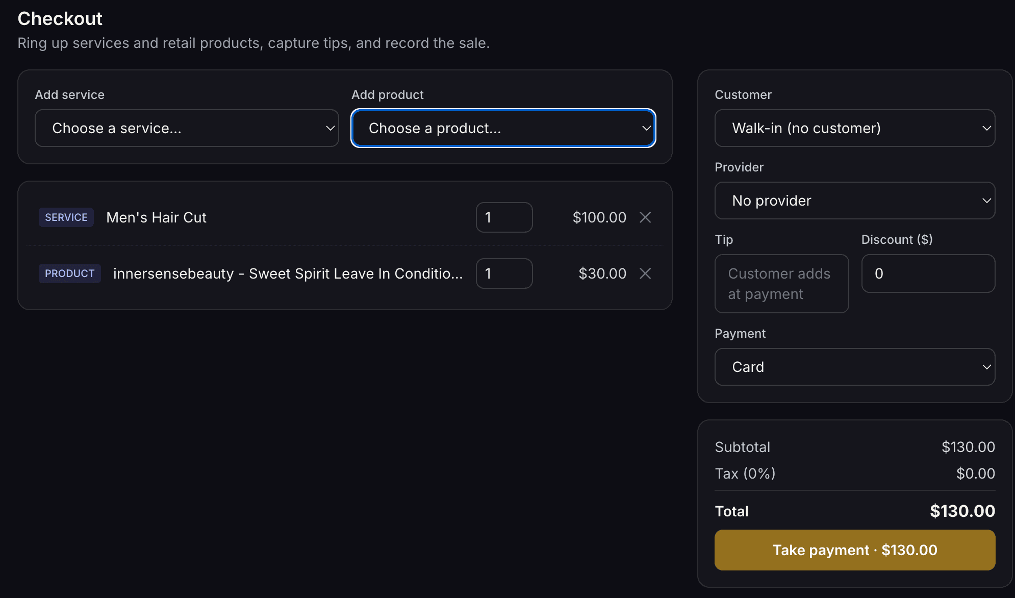 Checkout screen with a service and a retail product added to the sale, customer, provider, tip and discount fields, and a running order total