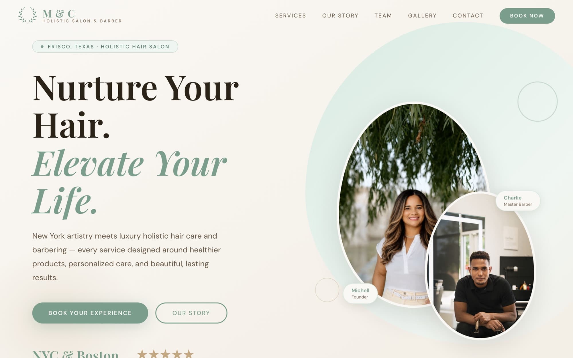 Home page of the M&C Holistic Salon & Barber website: a cream and sage layout with the headline "Nurture Your Hair. Elevate Your Life.", photographs of the salon owners, and Book Your Experience and Our Story buttons